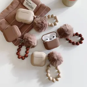 For Apple AirPods Pro 3 Case Milk tea Caramel Black Colour For AirPods 4 3 2 1 Pro2 Pro Headphones Shell With Fur BallBead Chain