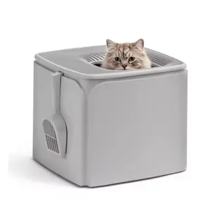 IRIS Premium Enclosed Square Cat Litter Box W/ Top Entry For Multi-Pet Households, discree, litter-proof cat litter box with scoop, Easy to clean and deodorize, Indoor Cat Litter Box, Portable Cat Toilet