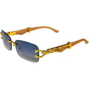 Luxury Rectangle Sunglasses for Men & Women - Unisex Designer Shades with Gold Cheetah Frame - High-End Fashion Eyewear - Bold Rectangle Style - Premium Wood-Look Plastic Frame - Everyday Luxury - Exclusive Gold Cheetah Detail