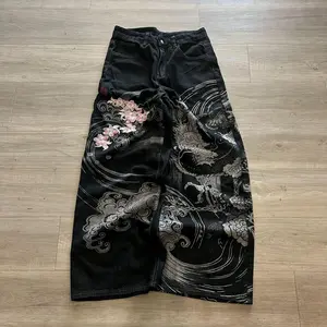 Dragon Wave Baggy Jeans – Y2K Japanese Streetwear Wide Leg Skater Denim Vintage Graphic Pants Grunge Aesthetic Embroidered Style