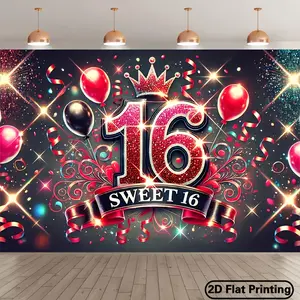 2D Flat, 1pc Festive 16th Birthday Party Backdrop Banner - Vibrant Red & Pink Polyester Photography Background with Glittery "40.64cm Design, Indoor/Outdoor Decoration for Sweet Sixteen Celebrations, Photo Studio Props, 2D Flat White