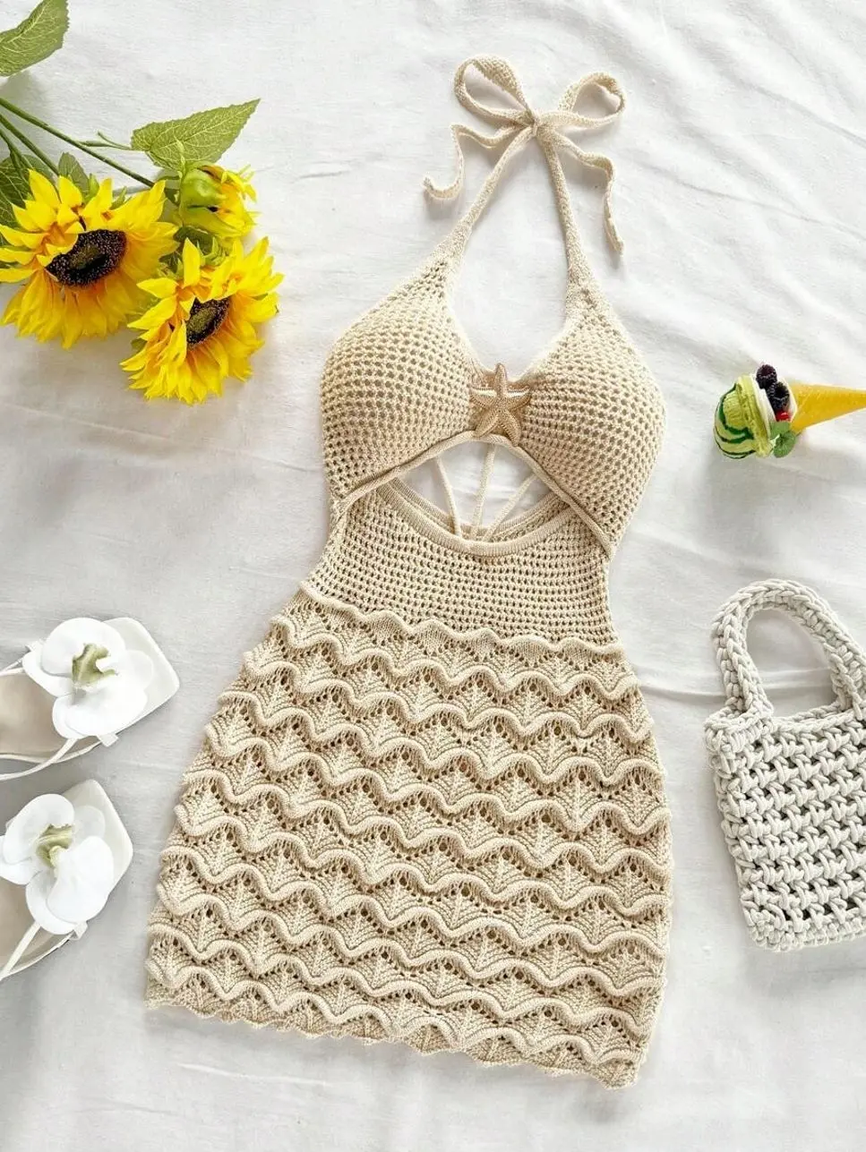 Women's Spaghetti Strap V-Neck Crochet Dress, Metallic Starfish Decor Beach Mini Dress