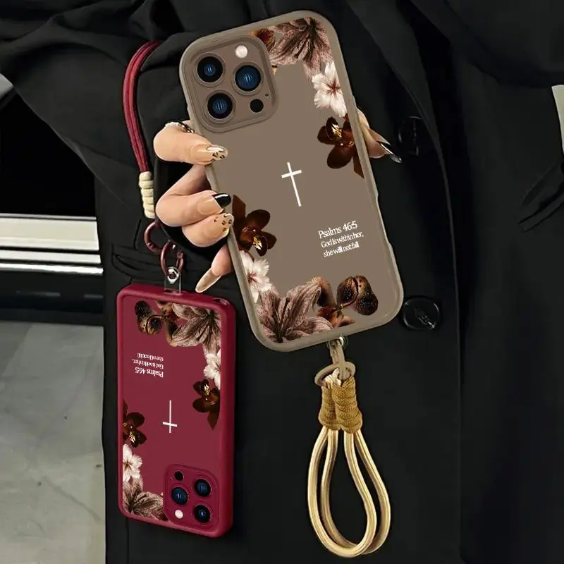 Vintage Floral Aesthetics Lanyard Phone Shell Christian Psalms 46:5 Cross for 【iPhone 14 Pro】  Matte Finish Anti Drop Bumper Religious Birthday Gift For Her 666