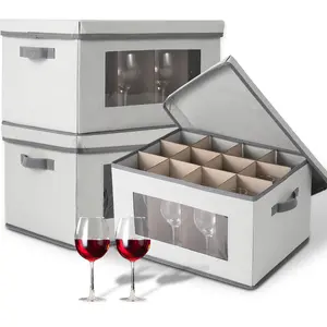 Garvee 3 Pack Wine Glass Storage Boxes with Dividers, 12-Compartment Stemware Organizers Featuring Lid, Handle & Clear Window, Durable Grey Containers for Glassware and Drinkware Storage