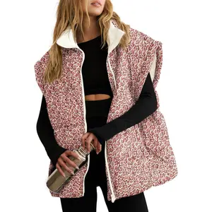 PASLTER Womens Floral Oversized Puffer Vest Cap Sleeve Winter Warm Puffy Quilted Jackets Coat