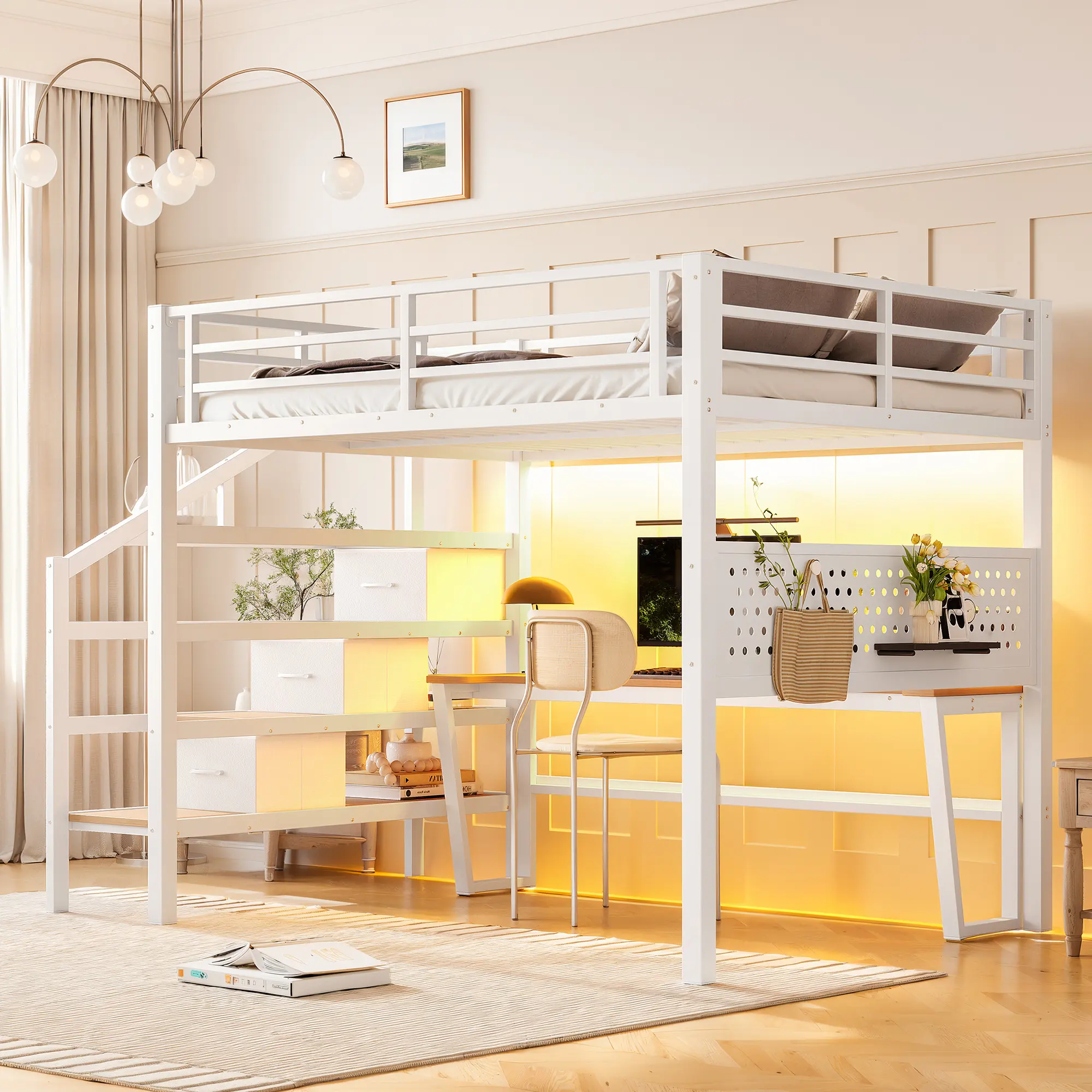 Full Queen Metal Loft Bed with Storage Stairs, USB Desk, Drawers, LED Lights, Guardrail, Pegboard - Space-Saving Indoor Bed Frame for Small Bedrooms, Black & White Options
