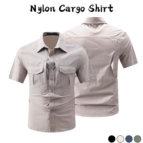 Men’s summer nylon multi-pocket work shirt, quick-drying breathable short-sleeve outdoor top suitable for travel, commuting, casual wear, and light outdoor activities.