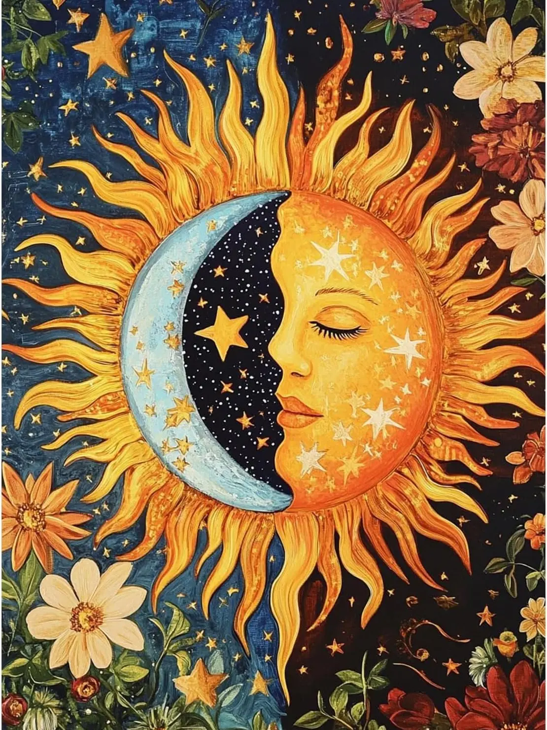 5D Diamond Painting Kit Sun Moon Face Fusion Starry Sky Wild Floral Border Vintage Celestial Boho Mystical Crystal Rhinestone Wall Art Decor Gift