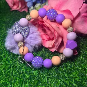 Dreams wristlet keychain set color scheme purple, peach and bling beads handmade with wire