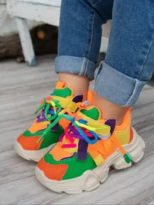 Fashion Rainbow Colorblock Lace-Up Sneaker Trainer for Kids, Lace Up Trainers, Thick Sole Dad Shoes, Thick Soled Trainers, Girls' Casual Sports Shoes, Trainer Sneakers, Simple Stylish Design
