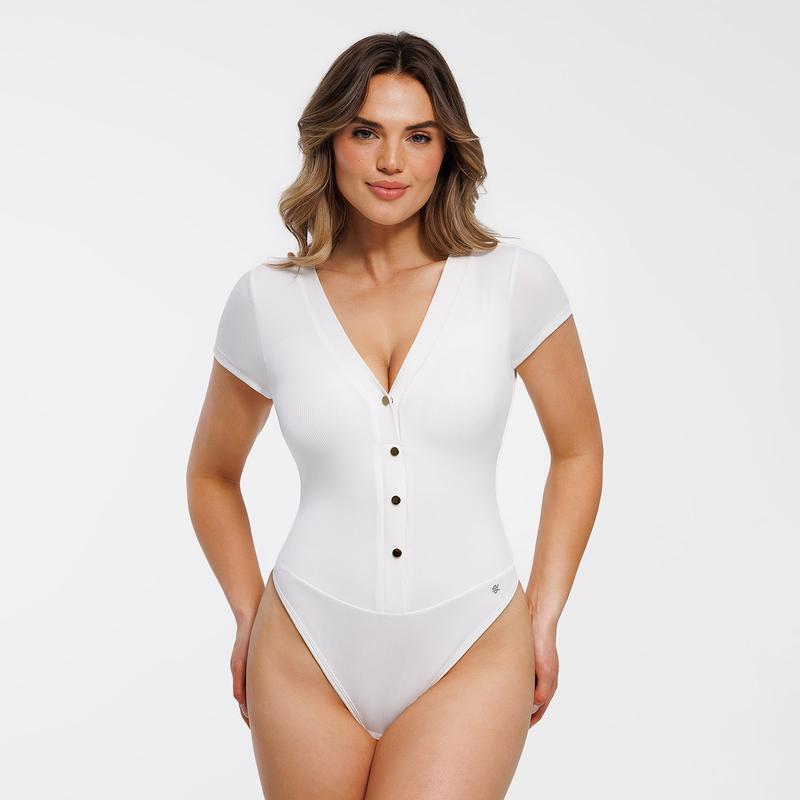 Popilush Shapewear Deep V-Neck Button Front Sculpting Bodysuit Adjustable Bra Elegant Elastic