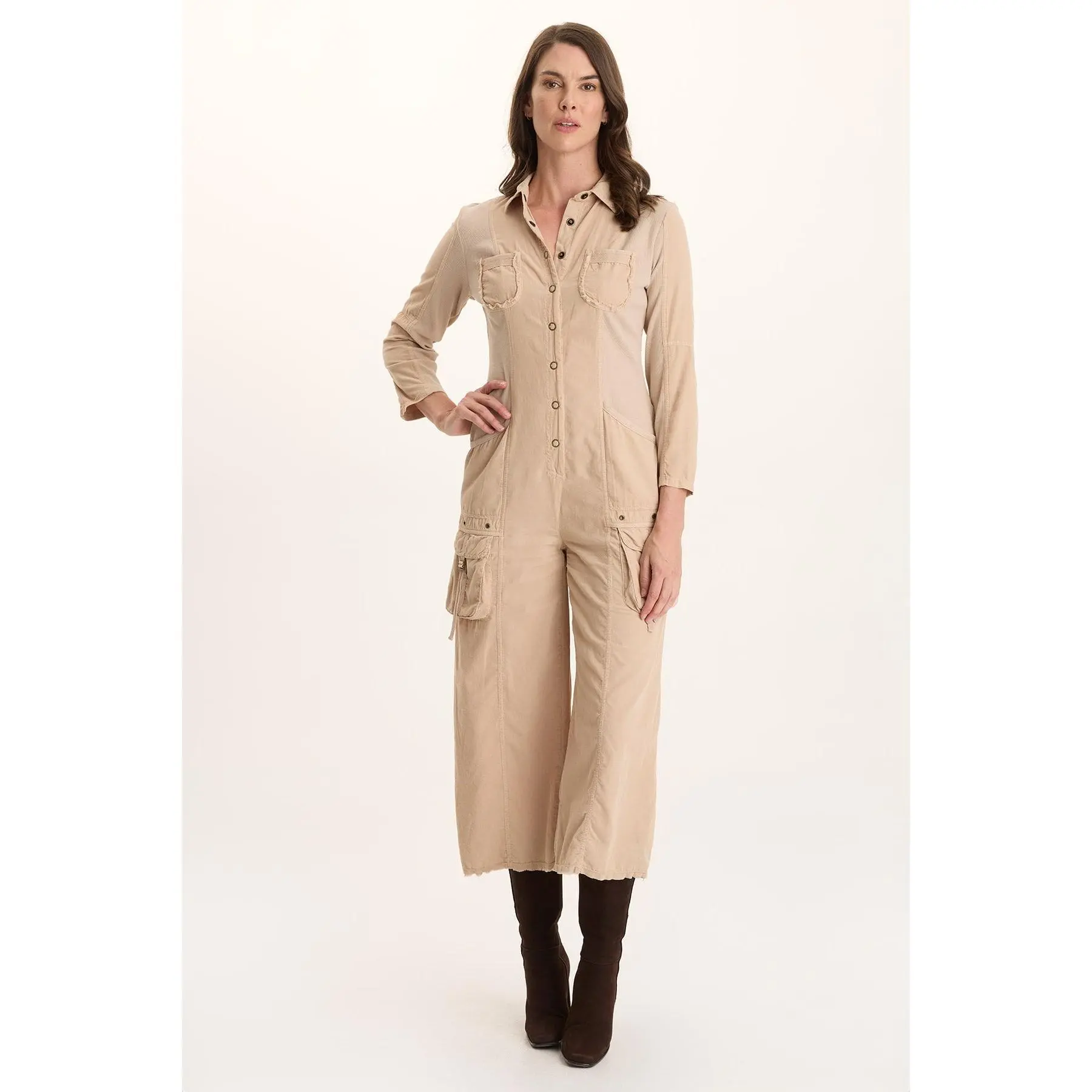 Kaisa Corduroy Long-Sleeve Cargo Jumpsuit