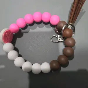 Wristlet for Keys and ID with Tassel & Donut Charm - Pink White Brown Beads Keychain Accessory