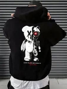 Men's Cartoon Bear Print Drop Shoulder Thermal Lined Hoodie, Fashion Casual Hooded Sweatshirt with Drawstring & Pocket, Regular Fit Pullover for Daily, Holiday & Outdoor Wear, Fall Winter Men's Clothes, Cozy Warm Streetwear