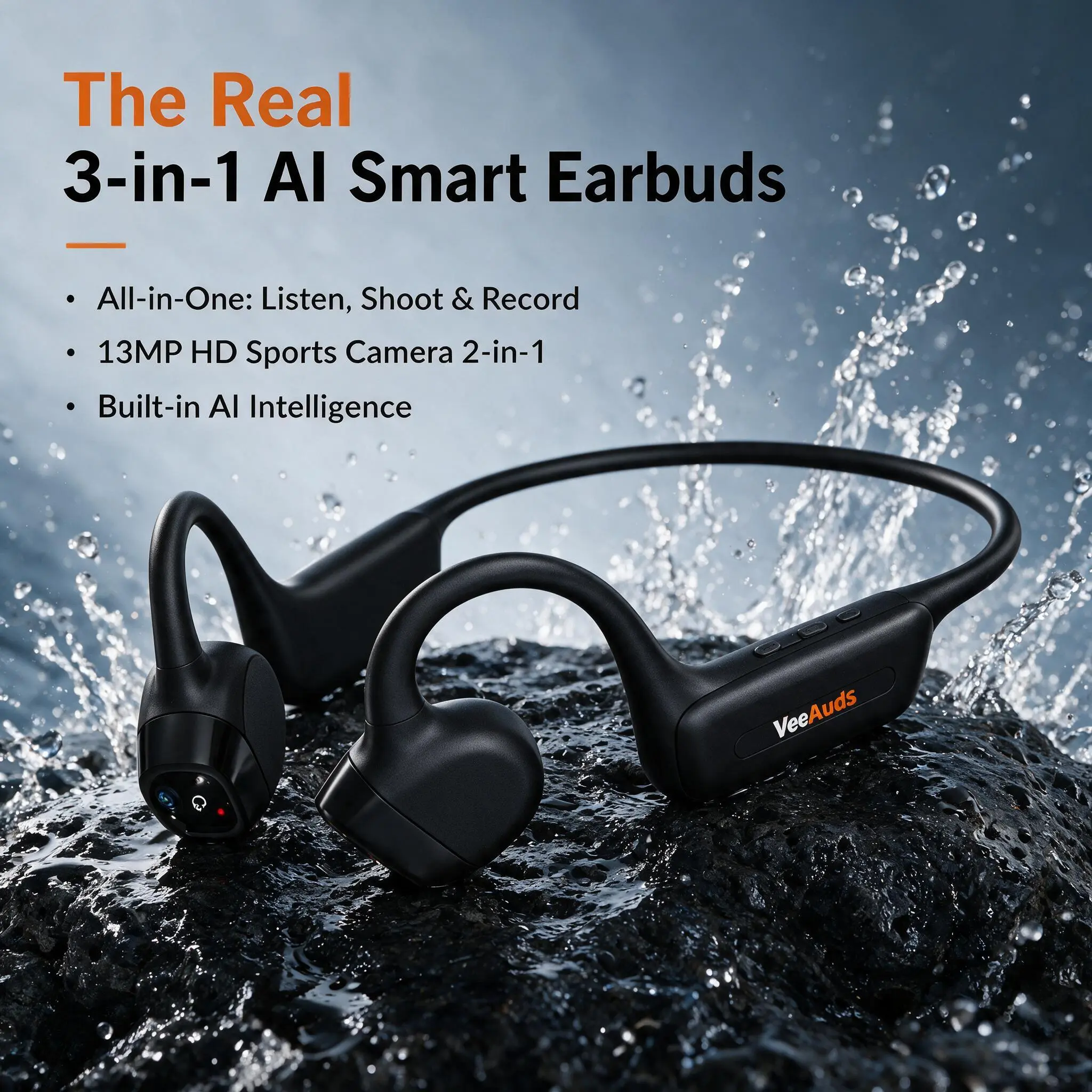 Bone Conduction Headphones with 4K POV Camera, 6-Axis Stabilization, Rotatable Lens, AI Object Recognition & Real-Time Translation, ANC Noise Cancelling, Open-Ear Bluetooth Headset, AI Voice Assistant, IP68, Cycling, Running, Travel & Vlog
