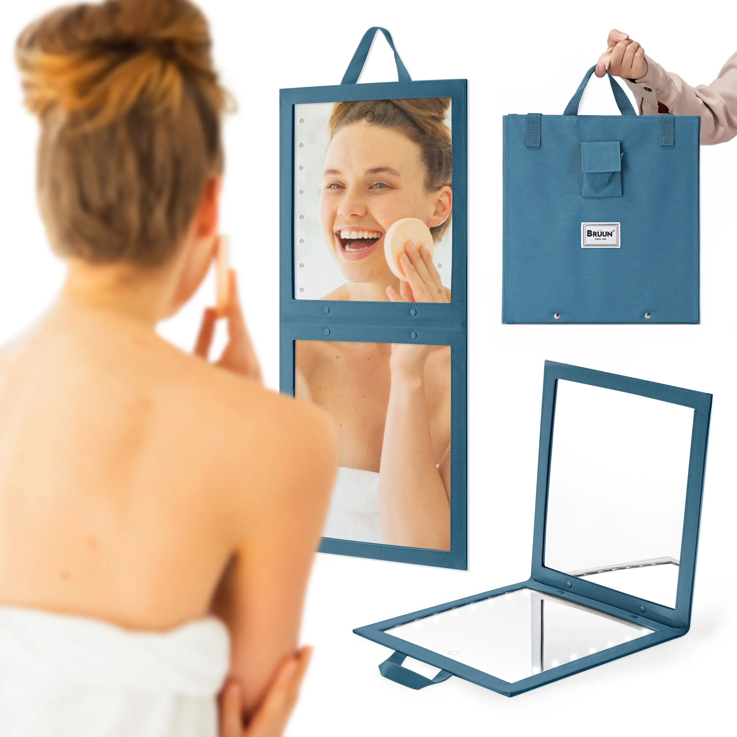 BRÜUN Backstage Hanging Mirror 25" x 11.4" Inches for Dance Bag with Dimmable LED Lights for Focused Glow – A Teal Colored Foldable Mirror for Dancers and Artists with Touch Sensitive Power Button