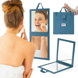 BRÜUN Backstage Hanging Mirror 25" x 11.4" Inches for Dance Bag with Dimmable LED Lights for Focused Glow – A Teal Colored Foldable Mirror for Dancers and Artists with Touch Sensitive Power Button