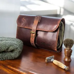 Personalized LEATHER TOILETRY BAG Dopp Kit Hanging Mens Travel Accessories Custom Engraved Groomsmen Valentines Gift for Him Dad Boyfriend