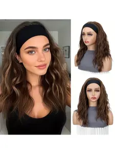Heat Resistant Synthetic Ombre Curly Headband Wig -16inch High-Temperature Fiber Breathable Hairpiece with Adjustable Comfort Fit for Women, Curly Wave Style for Party & Daily Use