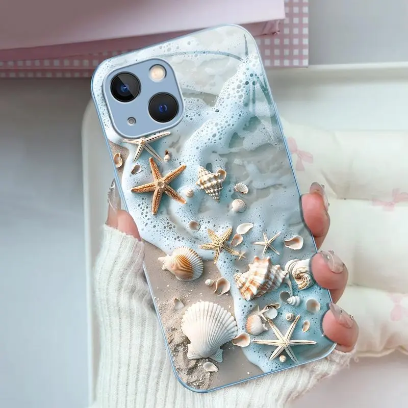 Seashell & Starfish Smartphone Case - Summer Beach Vibe, Shockproof Glossy Casing, Cellphone Protection Accessories for iPhone 15 Plus
