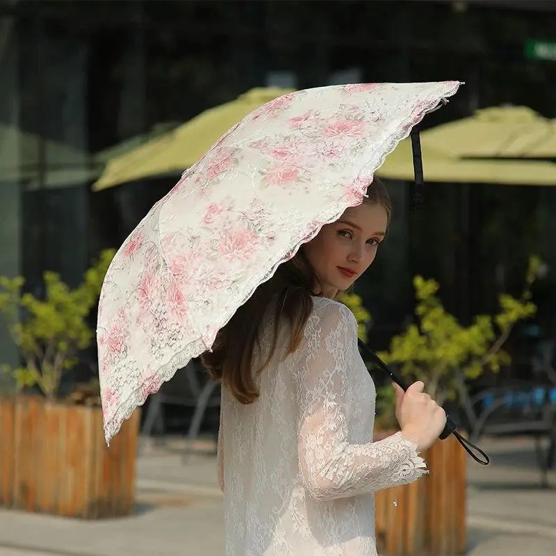 Women's 3-Folding Lace Umbrella - Manual Aluminium Lightweight, Strong Windproof, Anti-UV Luxury Sun Protection Parasol for Outdoor Sunny/Rainy Use, Ideal Gift