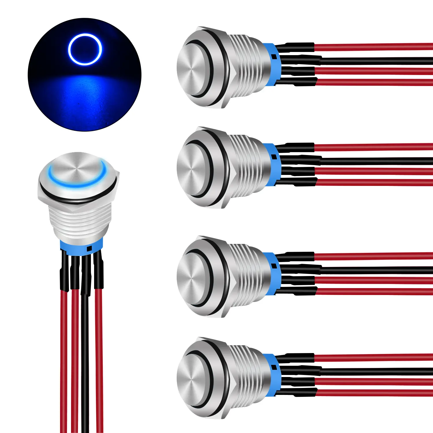 Nilight 5pcs 12mm Pre-Wired Latching Push Button Switch - 12V Input, Round Shape, 2 Pole Design, Metal & Flame Retardant Material, IP65 Waterproof, LED Ring, Outdoor Safe for Automotive Use