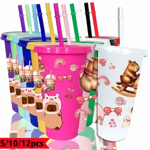 5/10/12pcs per pack party cold drink cups, cute Capibara pattern, 26oz/780ml colored plastic party water cups, summer and spring cold drink cups, household kitchen/office tableware, outdoor party camping tableware, birthday party gifts, wedding/Mother