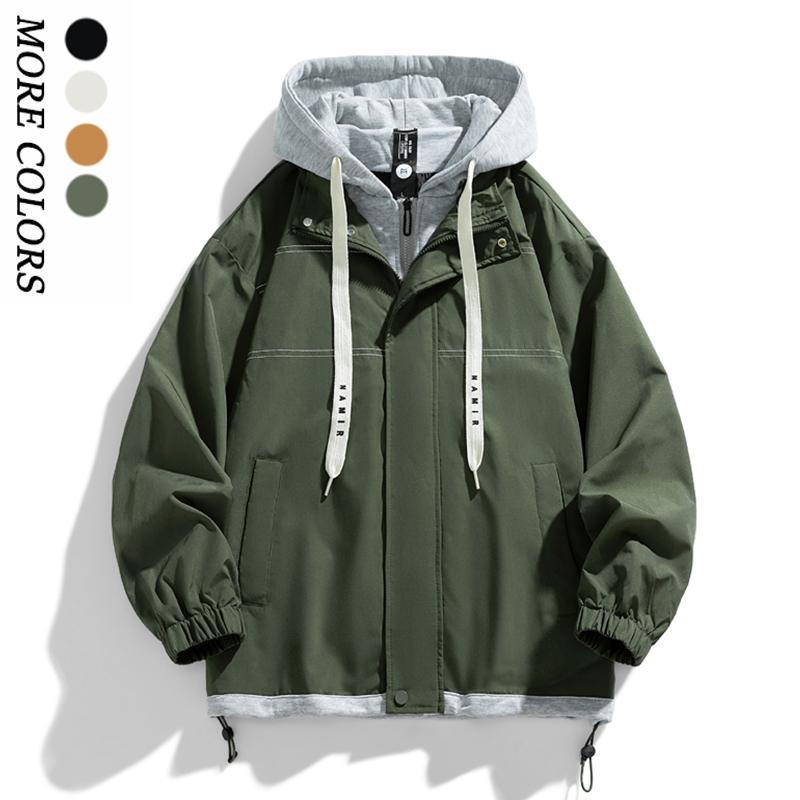 Men's multi-color spliced fake two-piece pocket long-sleeved lace-up hooded jacket, suitable for commuting, outdoor activities, and sports wear. It is a must-have thick jacket in autumn and winter.