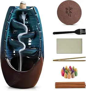 Ceramic Backflow Incense Holder Smoke Waterfall Burner Set with 120 Backflow Incense Cones, 30 Incense Sticks & Premium Accessories for Aromatherapy Home Decor