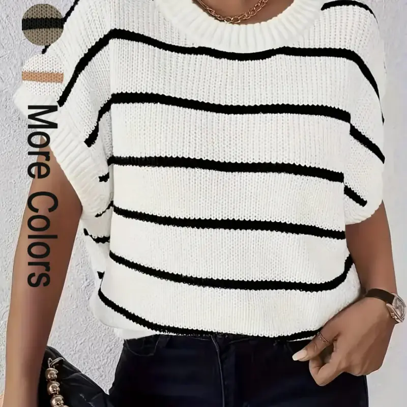 Casual Striped Pattern Crew Neck Batwing Sleeve Knit Top, Loose Fit Sweater for Spring and Fall, Comfortable Women's Fashion Knitwear