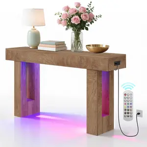 63" Long Console Table Farmhouse Console Table with Power Outlets & 6-Color Lights, Minimalist Vintage Entryway Table Wooden Entryway Table for Hallway, Living Room, Behind Couch, Natural Oak