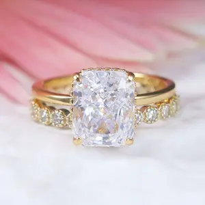 2 Pcs Radiant Cut With Hidden Halo Design Sterling Silver Ring Set weddingring love
