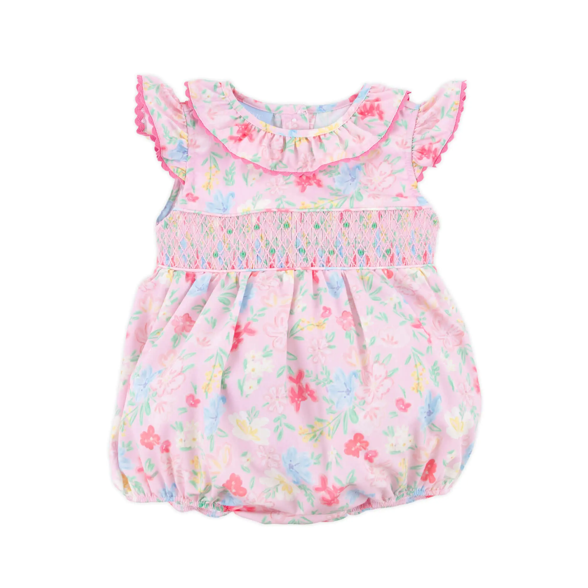 Evergrace Baby Clothing Floral Pink Smocked Collared Bubble Bodysuit - Snappy Snap 1-Piece Suit for Little Girls with Smocked Detail, One-Piece Suit