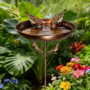 Vintage Copper Bird Feeder for Outdoors - Freestanding Wild Bird Seed Tray with Decorative Bird Accents, Weatherproof Garden Yard Decoration for Attracting Bluebirds Cardinals Finches