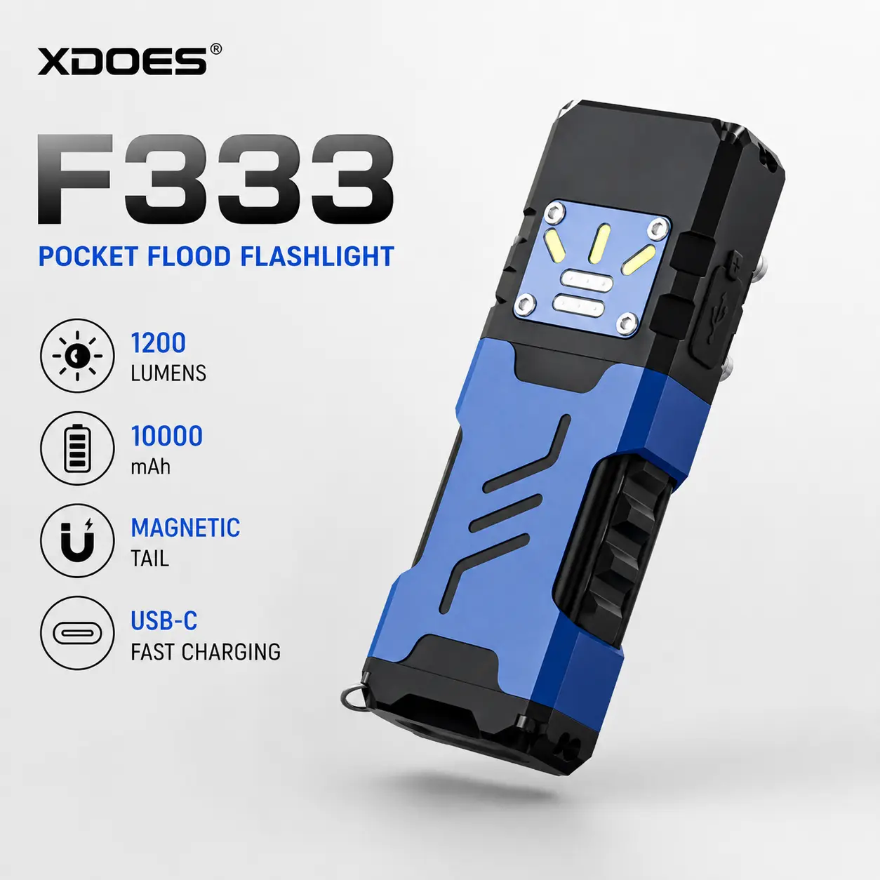 XDOES F333 4000 Lumens Rechargeable LED Flashlight, 3×P50 LEDs, USB-C Fast Charging, Digital Display, Magnetic Tail, Pocket EDC Flashlight