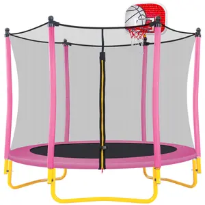 5.5FT Outdoor Trampoline with Enclosure Net & Basketball Hoop, U-Shaped Steel Frame for Stability, 220 lbs Capacity for Home and Backyard Fitness