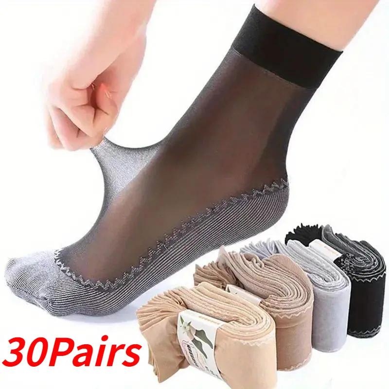 Women's Lacy Basic Minimalist 30-Pair Random Silk Velvet Ankle Short Socks - Elastic Lace, Transparent Ultrathin Mesh, Non-Slip Bottom Splice, Comfortable Cotton Fabric, Sexy Stockings