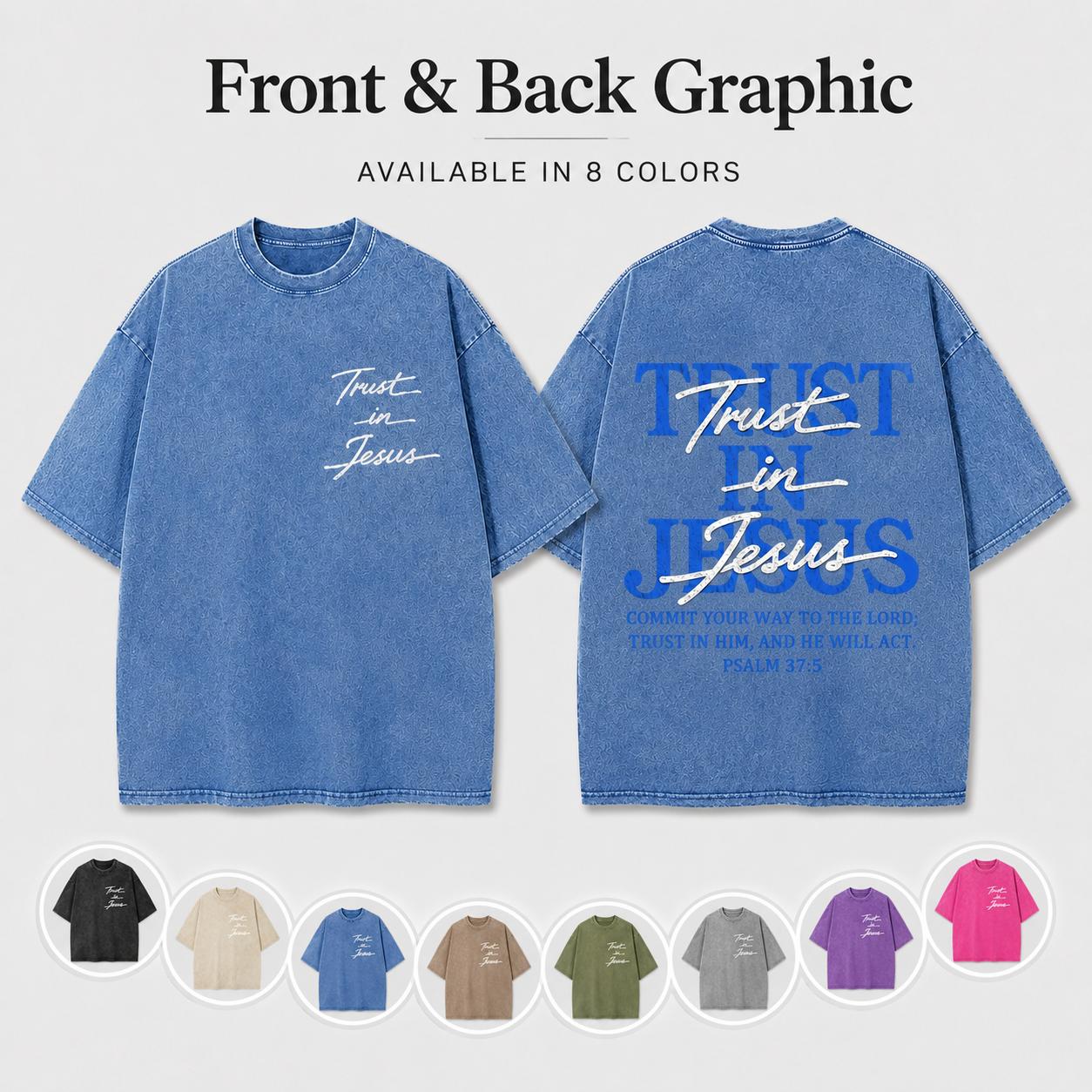 Women's Unisex 'Trust in Jesus' Faith Message Short-Sleeve Graphic Tee, Vintage Washed Oversized Cut Casual Tee Shirt, Classic Crew Neck, Dropped Shoulder, Front/Back Print, Streetwear Vibe Top