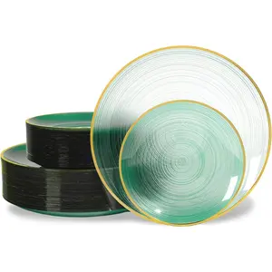 100PCS Green Plastic Plates-Crystal Design Green Disposable Plates with Gold Rim, Fancy Disposable Plates Include 50 Dinner Plates, 50 Dessert/Salad Plates for Party & Christmas