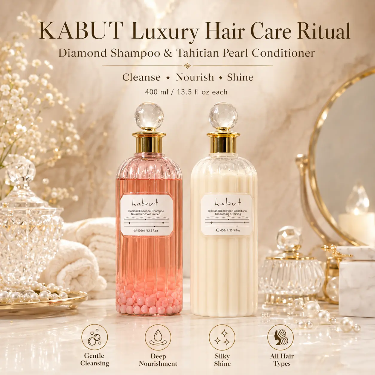 Kabut Diamond Crystal Shampoo and Tahitian Black Pearl Conditioner Set - Volumizing Hair Care Haircare Cleansing Comfort Cleanser Nourish Repair Volumize Hair Treatment Set based shampoo and conditioner combo