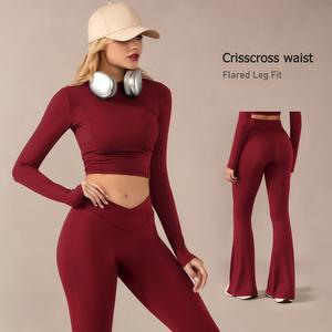 TIMEOFF Women's 2-Piece Stretchy Activewear Tracksuit Set - Long Sleeve Crop Top, Crisscross Waist Flared Pants, Sporty Breathable Outfits for Workouts, Yoga & Daily Wear (Yoga Clothes Set for Women)