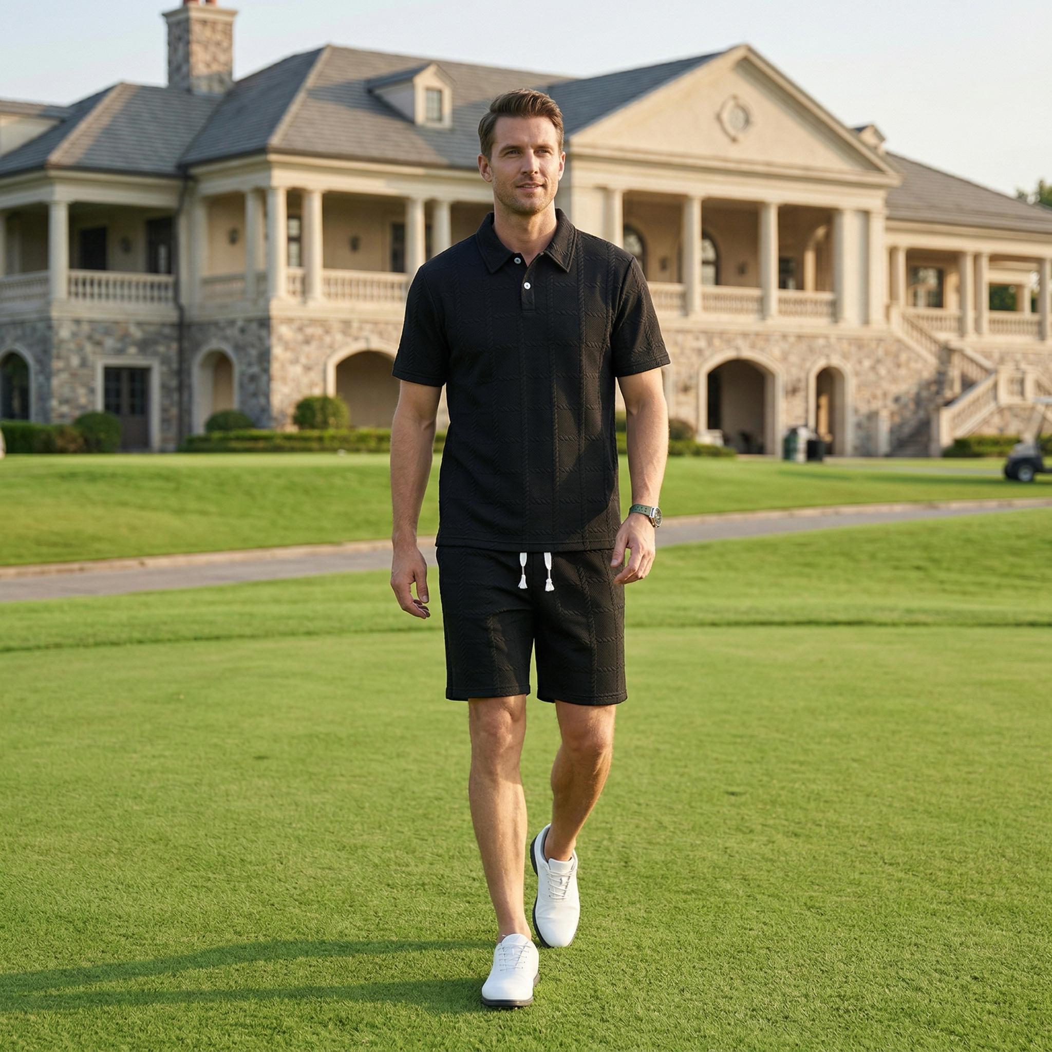 Men's 2 Piece Loungewear Set, Textured Polo Shirt & Shorts for Home & Streetwear