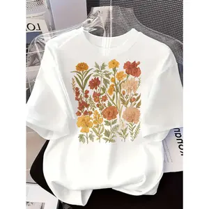 Women'S Black Floral Print T-Shirt - Short Sleeve Crew Neck Casual Top with Multicolor Floral Design, Soft Comfortable Fabric for Spring & Summer