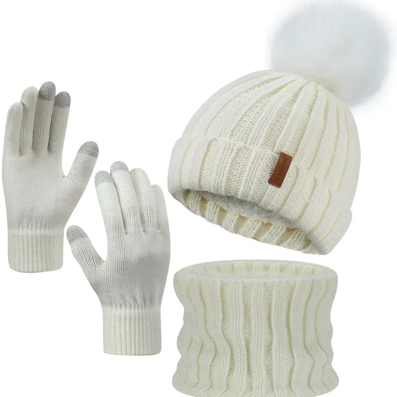 Women's Plain Female 3-Piece Winter Clothes Accessories Set - Cozy Fleece Knit Beanie, Neck Warmer & Touchscreen Gloves, Gift-Ready for Cold Weather Daily Casual Use