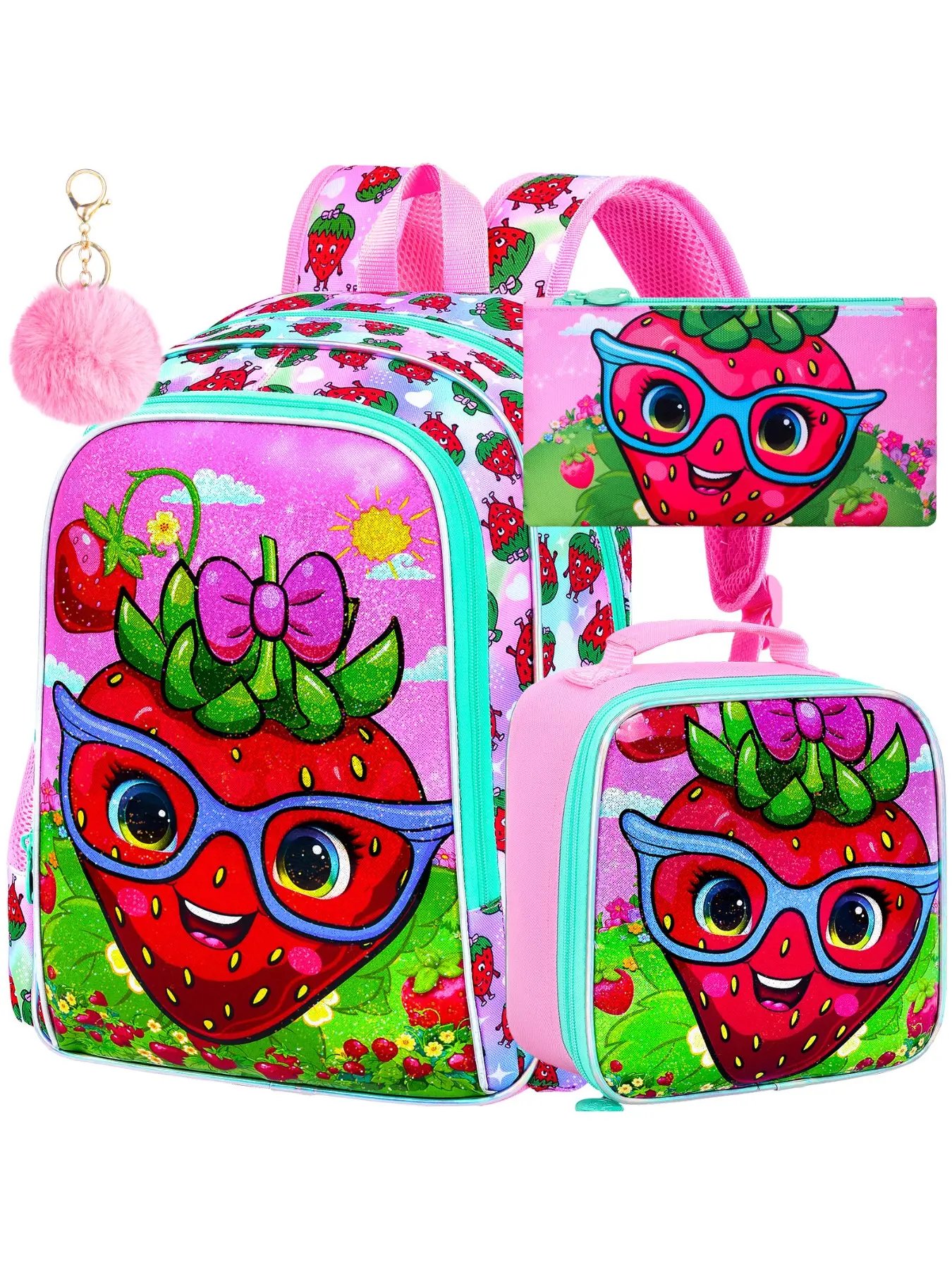 3PCS Strawberry School Backpack Set for Girls, Kids Bookbag with Lunch Box, 16" Preschool Backpacks for Elementary - Strawberry Pink