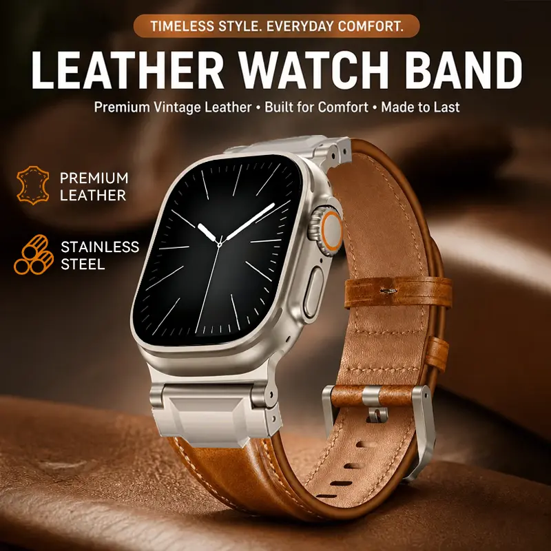 Vmylan Vintage Top-Grain Leather Band Compatible with Apple Watch Ultra 2/1/10/9/8, Rugged Strap with Heavy-Duty 316L Steel Buckle & Metal Connector, 49/46/45/44/42mm Men's Replacement Wearable