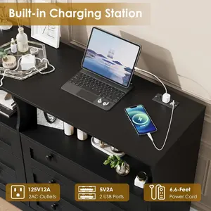 【Christmas Gift】Modern Black 6 Drawer Dresser With Power Outlet Usb Charging Ports Multi Color LED Light Scratch Resistant MDF Anti Tip Safety Spacious Storage For Bedroom Living Room Entryway