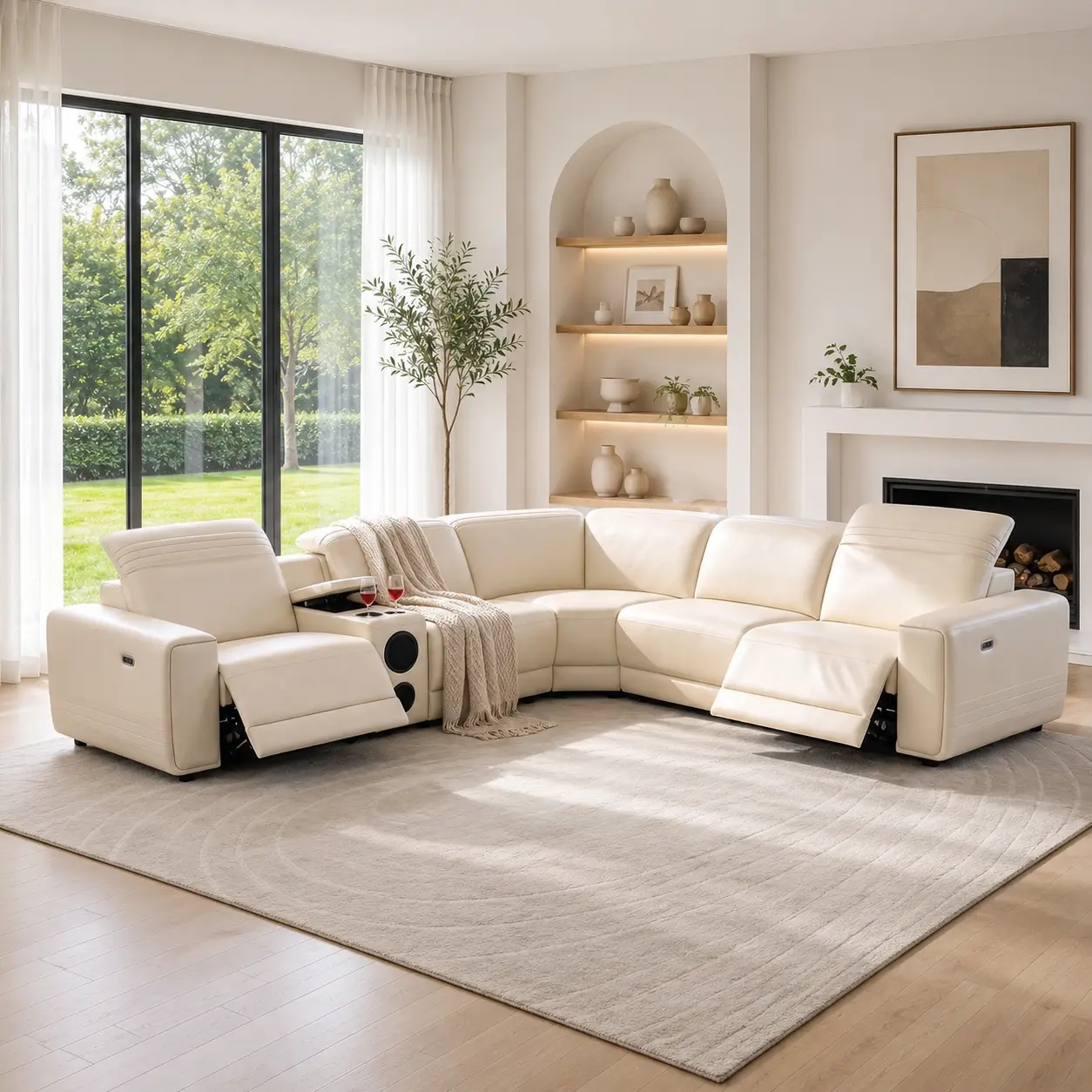 Breathable Leather Power Reclining Sectional Sofa with Bluetooth Speakers, USB Type-C Charging, Storage Console & Cup Holders