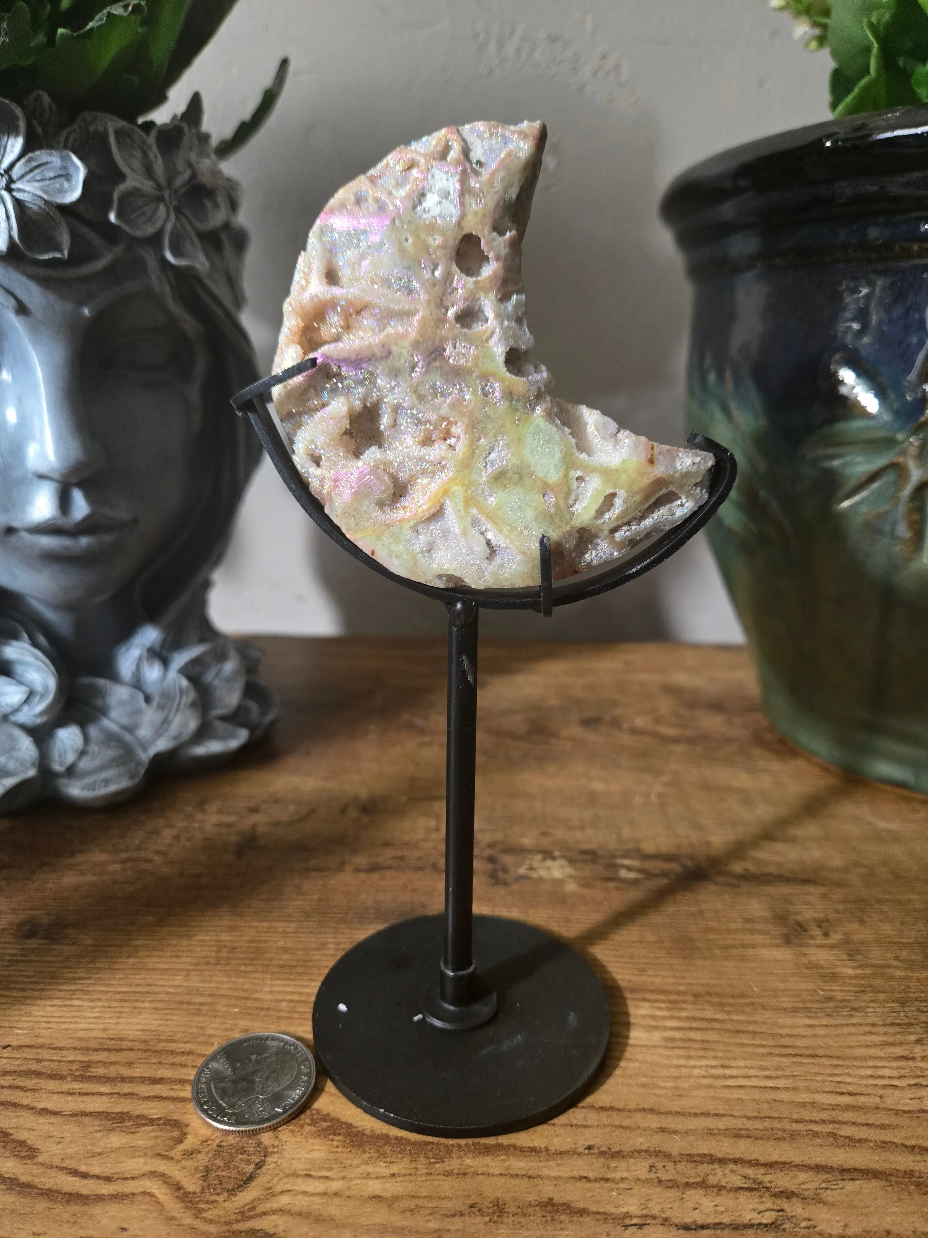 Aura-Coated Natural Sphalerite Moon Crystal, Spiritual Decor and Meditation Aid for Harmonizing Energy, Stamina & Creativity, Crystal Decor, Apothecharity, Spiritual Focus, Carved Moon Crystal