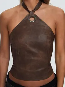 Women's Solid Lace Up Backless Halter Top, Fashion Casual PU Leather Top for Daily Outdoor Wear, Ladies Clothes for Summer